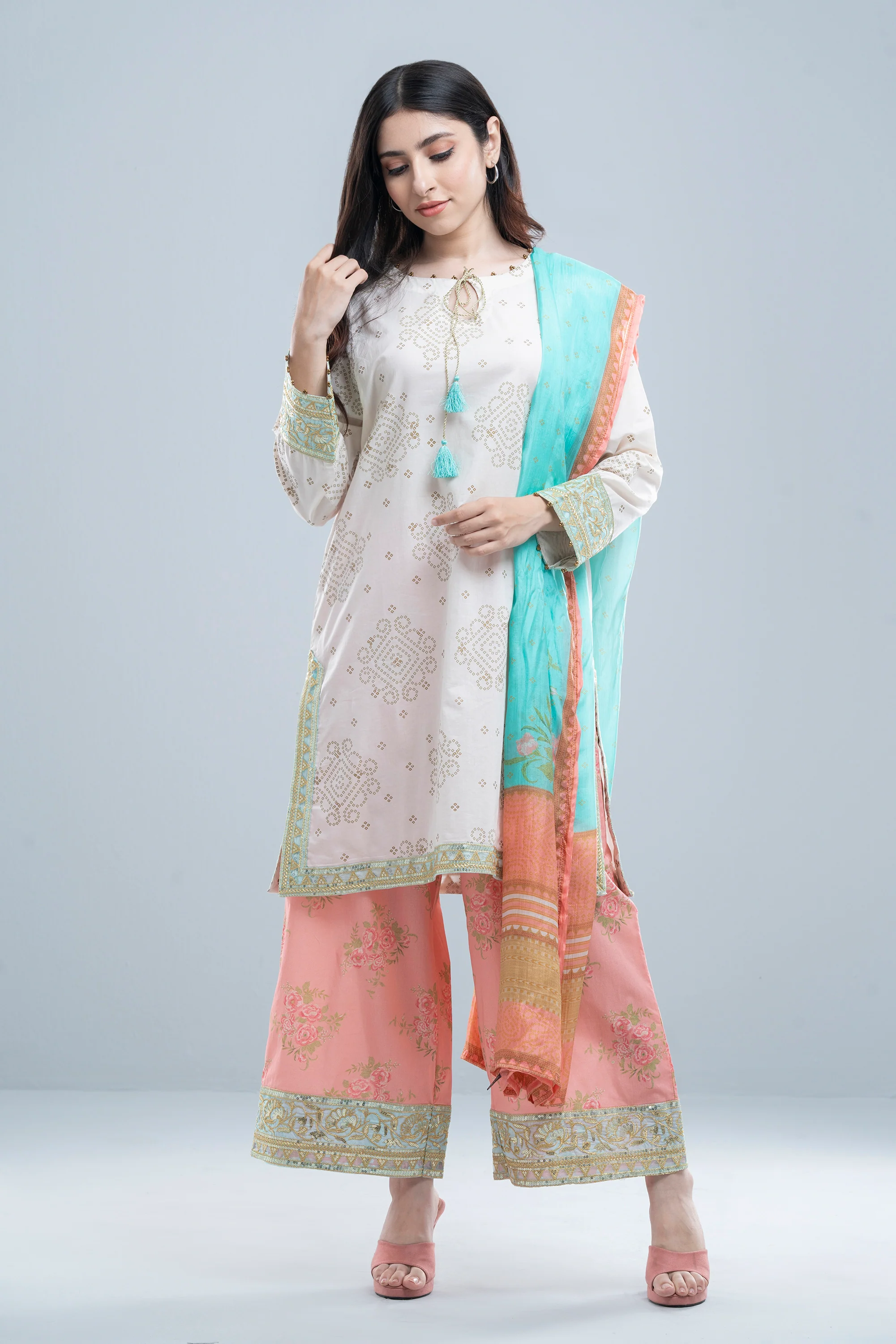Relaxed Fit Three-Piece Lawn with Printed Palazzo - Image 10