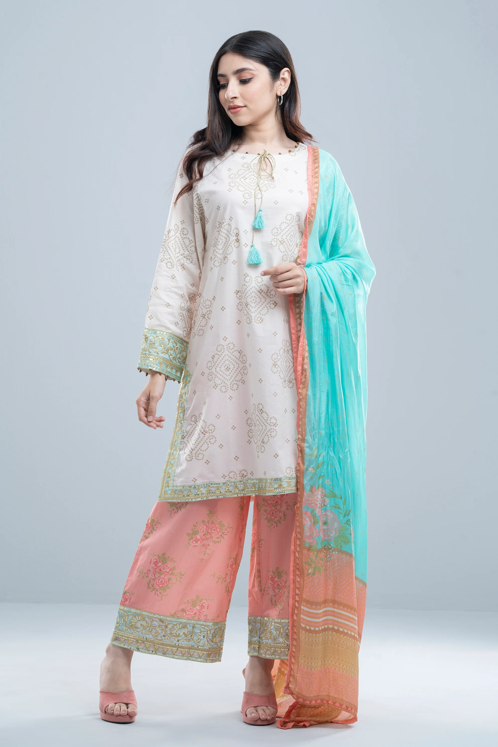 Relaxed Fit Three-Piece Lawn with Printed Palazzo - Image 8