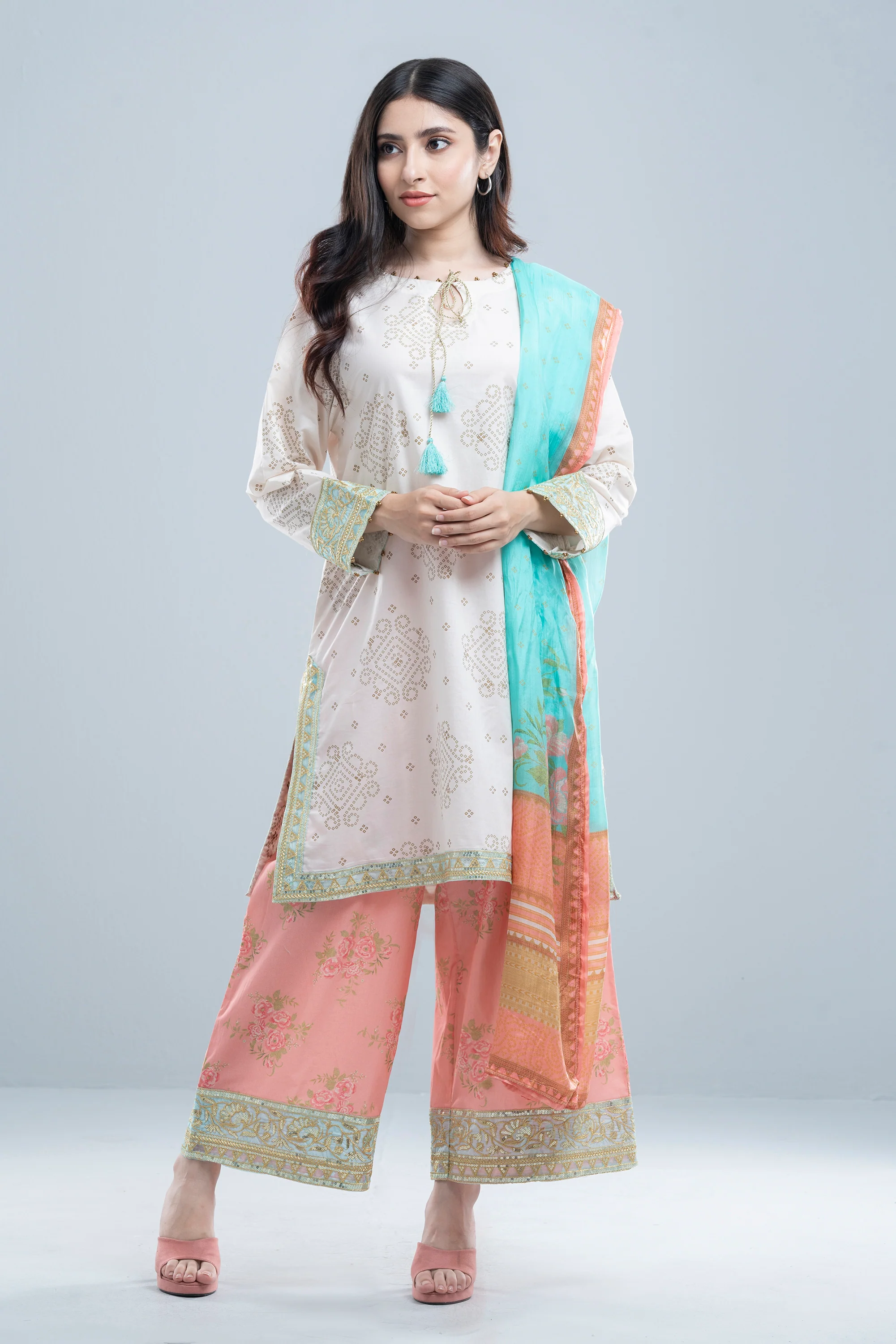 Relaxed Fit Three-Piece Lawn with Printed Palazzo - Image 9