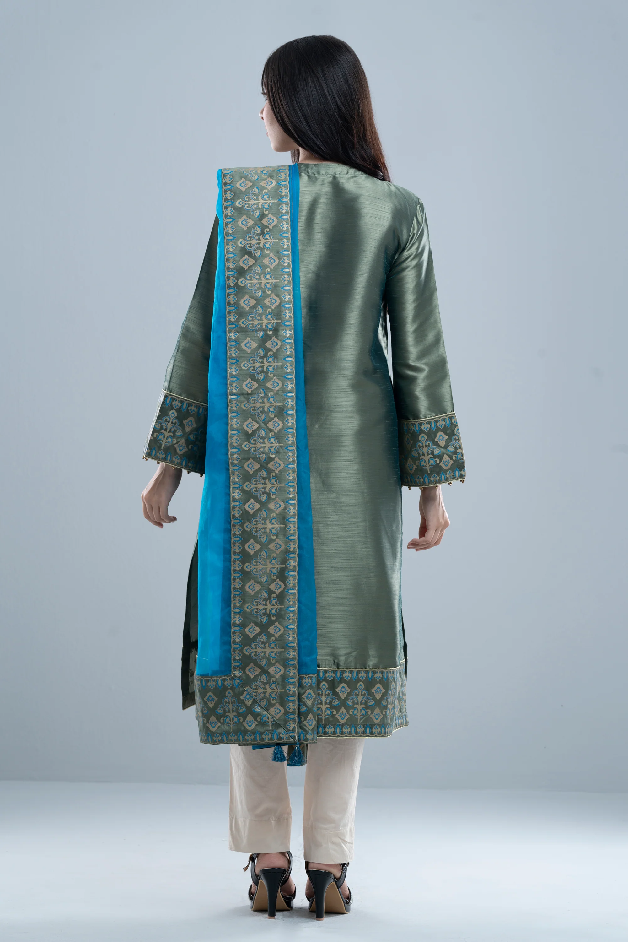 Smart Fit Embroidered Formal Two-Piece Ethnic Set with Organza Dupatta - Image 11