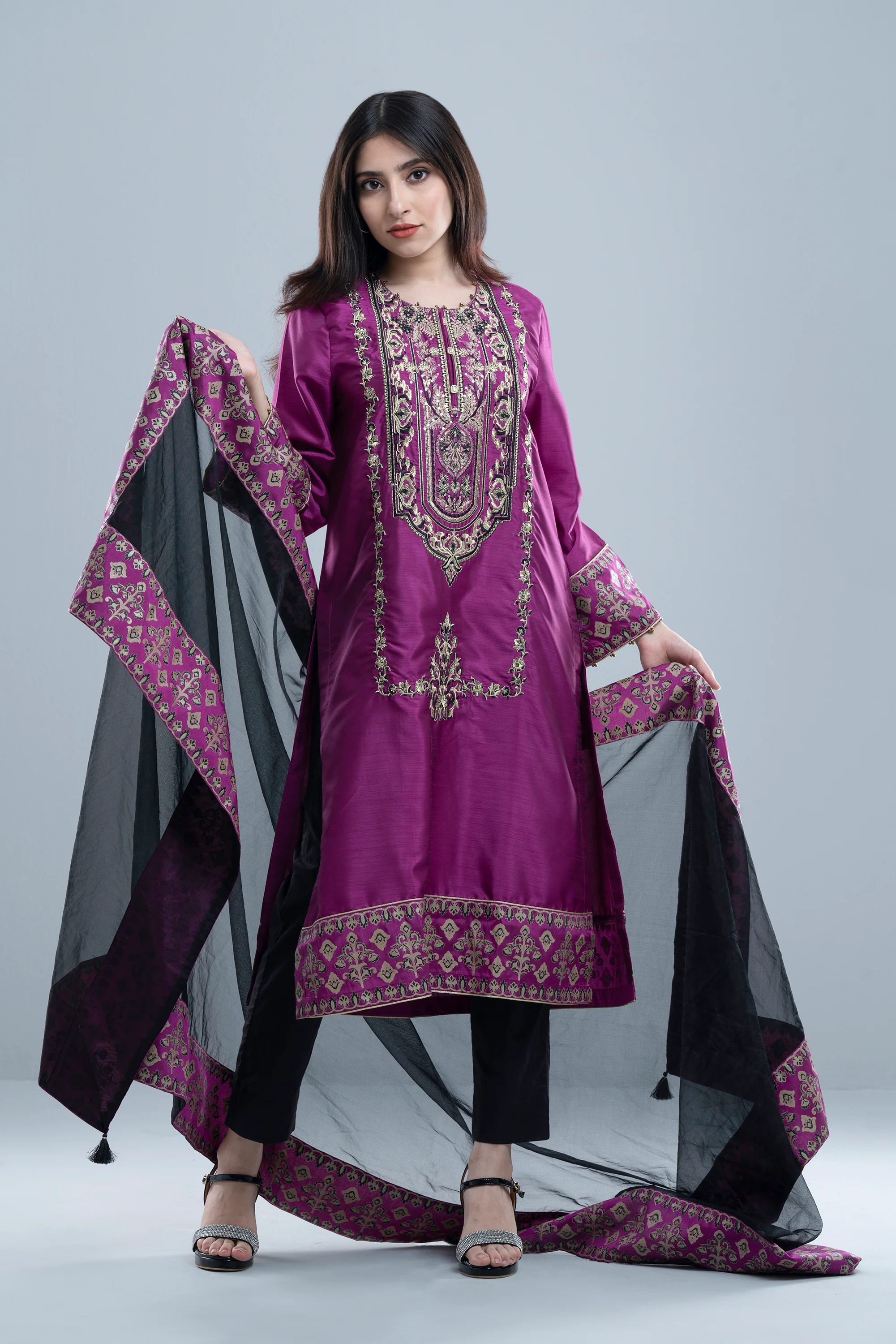 Smart Fit Embroidered Formal Two-Piece Ethnic Set with Organza Dupatta - Image 14
