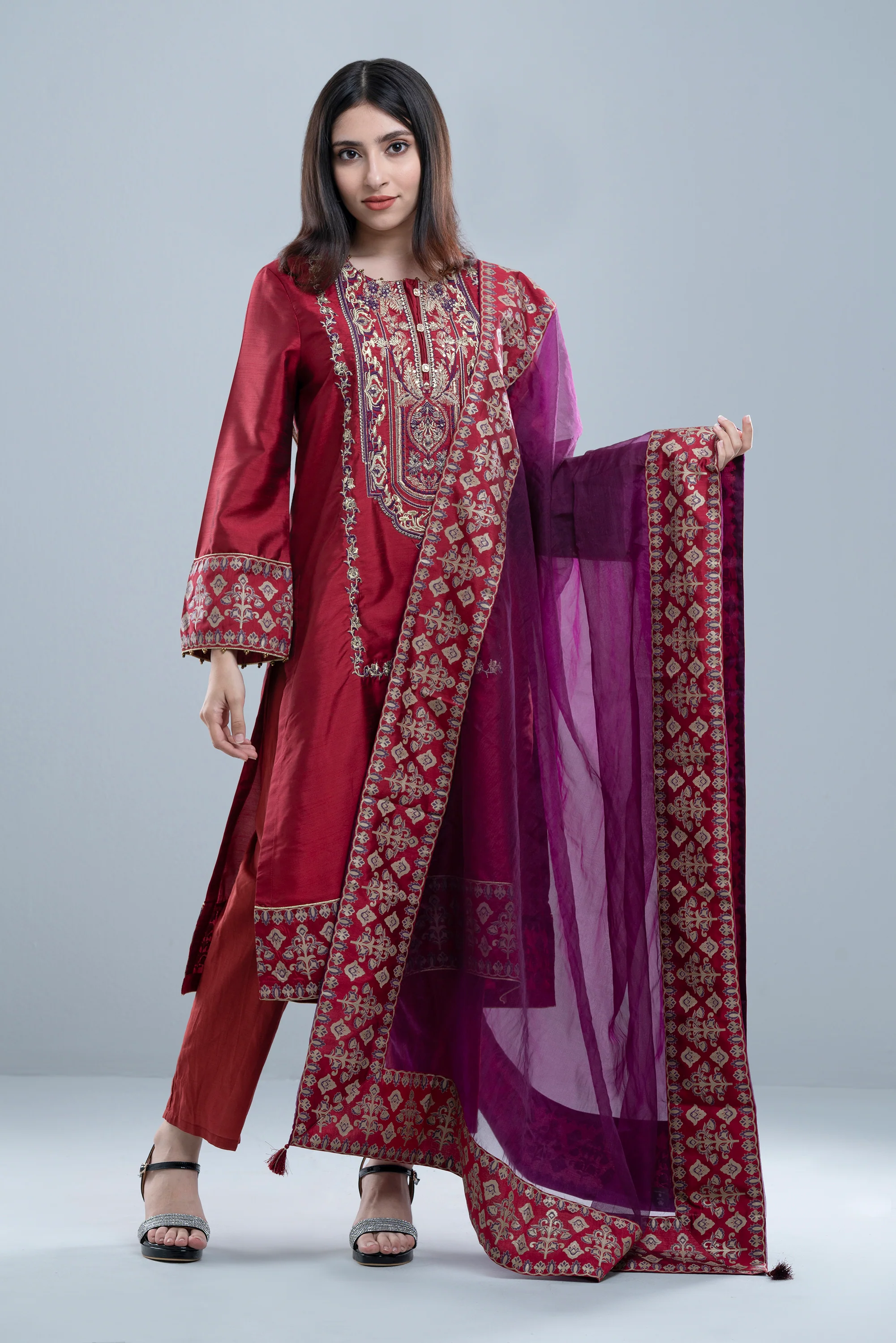 Smart Fit Embroidered Formal Two-Piece Ethnic Set with Organza Dupatta - Image 6