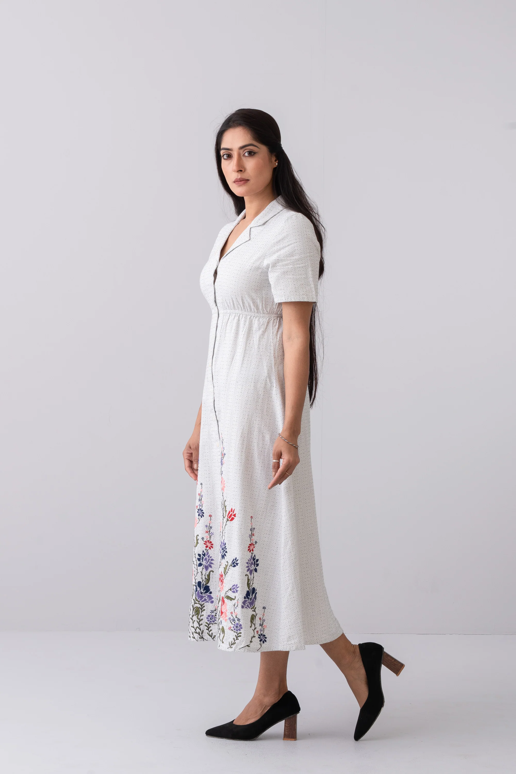 A-Line Shirt-Style Floral Long Dress - Image 3